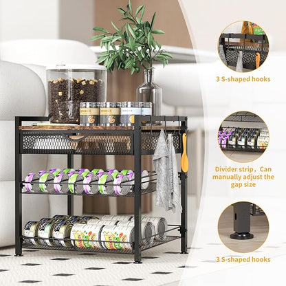 Cat Food Organizer，2 Floors Bring Drawer Storage Rack, Manually Adjust The Gap Size，Store Suitable Can Sizes Container，Automatic Slip Design，Suitable For Pet Food Canned Food Dispenser