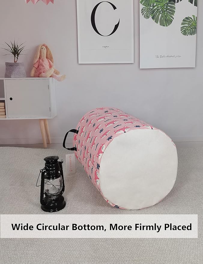 QUEENLALA Large Storage Basket,Laundry Hamper/Bathroom/Home Decor/Collapsible Round Storage Bin,Boys and Girls Hamper/Boxes/Clothing(Round-Pink Fox)