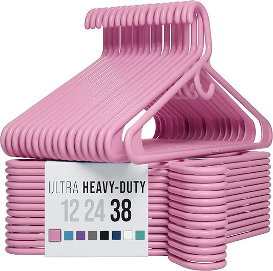 NEATERIZE Thick Heavy Duty Hangers - Pink Plastic Clothes Hangers 38 Pack - Great for Coat Hanger, Jackets Jeans & Suit Hanger for Closet - New Apartment Essentials Percheros Ganchos para Colgar Ropa