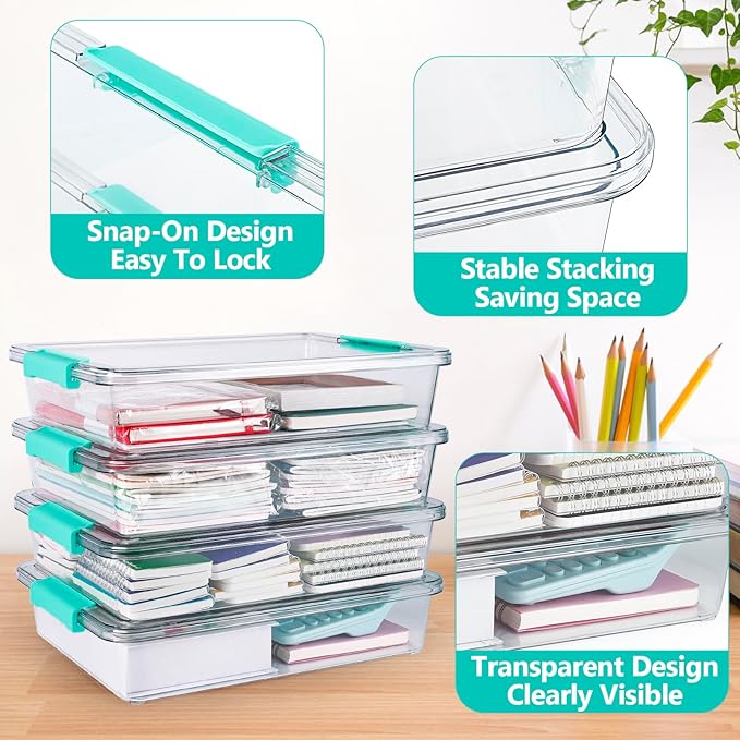 Jeffbaubl 4 Pack 6 Qt Plastic Storage Bins with Lids, Clear Plastic Bins Art Supply Storage Organizer, Arts Crafts Organizing Containers, Stackable Art Containers for Home Office Supplies