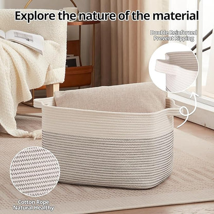 OIAHOMY Large Blanket Basket, 65L Cotton Rope Woven Laundry Basket, Toy Bin for Baby Room, Container for Blanket Storage in Living Room, 20''×16''×12'', Black & White