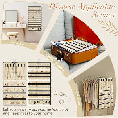 SATINIOR 2 Pcs Hanging Jewelry Organizer Storage Roll with Hanger Metal Hooks Double-sided Jewelry Holder for Earrings, Necklaces, Rings on Closet, Wall, Door, Large, Beige