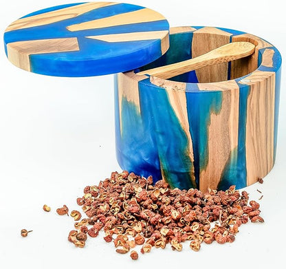 Handcrafted Salt Box Resin Wooden Container Swivel Lid with Magnetic to Easily Open Seal Salt Cellar Free Spoon for Storing Salt Pepper Sugar Herbs Small Spice Box Storage Kitchen Accessory