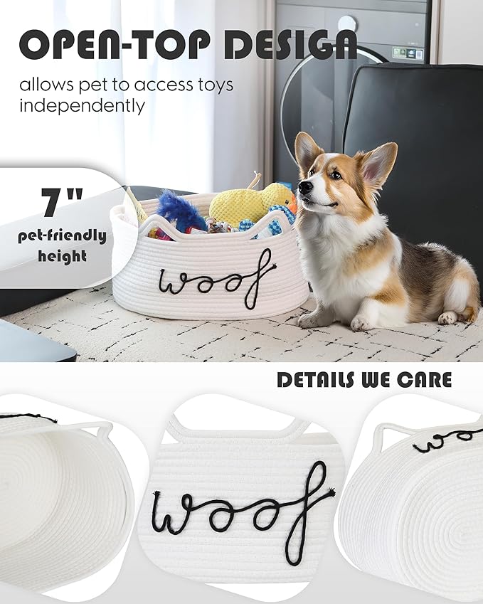 Sea Team Dog Toy Basket with Handles, 16.5 x 11 x 7 Inches, 4.4 Gallons Large Cotton Rope Storage Bin, Box, Shelf Organizer for Pet Chew Toys, Foods, White Woof
