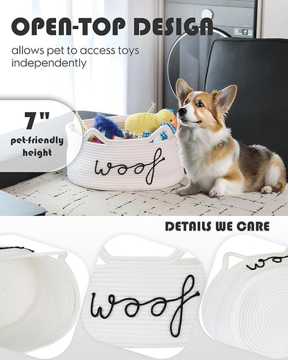 Sea Team Dog Toy Basket with Handles, 16.5 x 11 x 7 Inches, 4.4 Gallons Large Cotton Rope Storage Bin, Box, Shelf Organizer for Pet Chew Toys, Foods, White Woof
