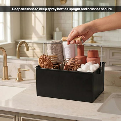 Alpha Living Home Heavy Duty Metal Alloy Utensil Silverware Caddy - 4 Compartment Flatware Organizer with Handle - Farmhouse Rustic Kitchen Storage for Countertop, Tabletop, Picnics & Parties (Black)