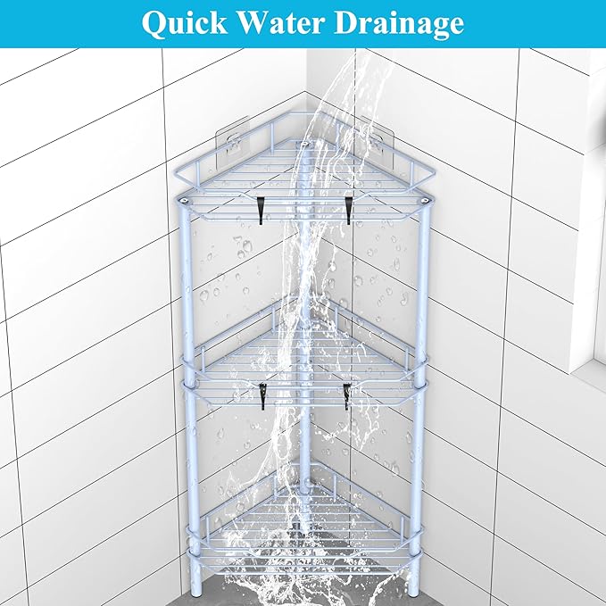 HuggieGems 3 Tier Floor Standing Corner Shower Caddy Organizer Shelf with Hooks, Bathroom Shelves Stand Rack, Blue