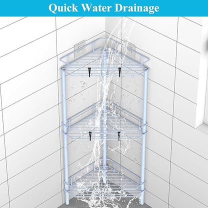 HuggieGems 3 Tier Floor Standing Corner Shower Caddy Organizer Shelf with Hooks, Bathroom Shelves Stand Rack, Blue