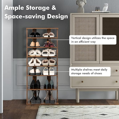 COSTWAY 7 Tiers Shoe Rack, Double Rows Vertical Tall Narrow Patented Shoe Organizer, Free Standing Shoe Rack for Small Space, Entryway, Closet, Living Room, Bedroom (Rustic Brown)