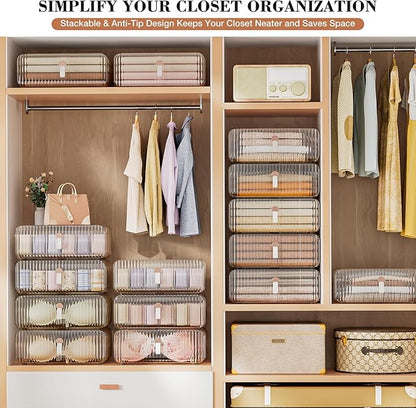 Sock Underwear Drawer Organizer - 24 Compartment Clear Acrylic Storage Bins with Removable Dividers for Closet, Stackable Dresser Drawer Box for No-Mess Socks, Tiers, Baby Clothes, Belt, Tea Bag