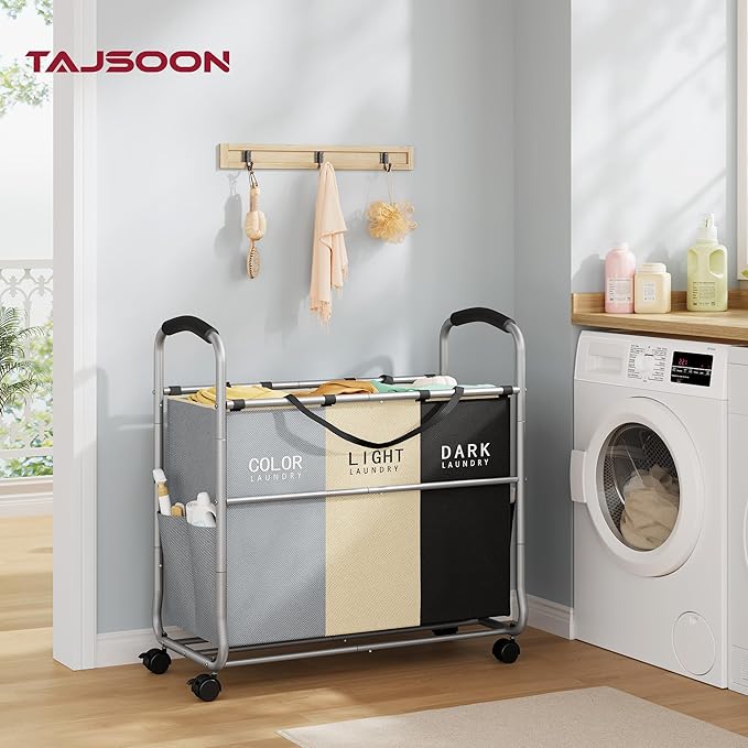 Tajsoon 3 section Laundry Hamper Sorter, Laundry Sorter Cart with Heavy Duty Lockable Wheels and Removable Bags, Laundry Separated Rolling Cart Basket for Clothes Storage, Grey+Beige+Black