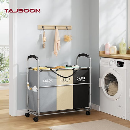 Tajsoon 3 section Laundry Hamper Sorter, Laundry Sorter Cart with Heavy Duty Lockable Wheels and Removable Bags, Laundry Separated Rolling Cart Basket for Clothes Storage, Grey+Beige+Black