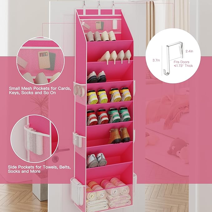 Criusia Shoe Storage, Over the Door Shoe Organizer, Hanging Closet Shoe Storage with Large Deep Pockets, Fits 16–24 Pairs of Sneakers, Sandals, Boots, Pink