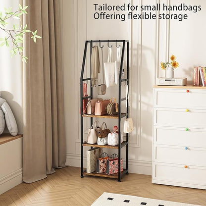 3-Tier Purse Stand Handbag Organizer, Hall Tree for Entryway Steel Frame, with 8 Removable Hooks，Clothes Rack Stand Organizer(Rustic Brown)