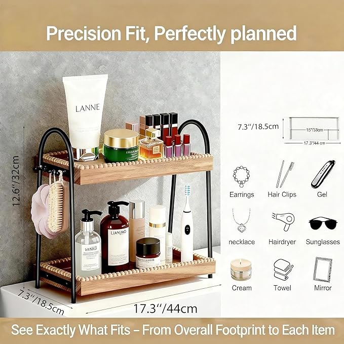 Large 2-Tier Bathroom Countertop Organizer with 8 Jewelry Hooks, 17.3" Eco-Coated Wood Vanity Tray for Perfume & Makeup, Skincare Storage Shelf for Dresser Coffee Bar Kitchen (Light Brown & Black)