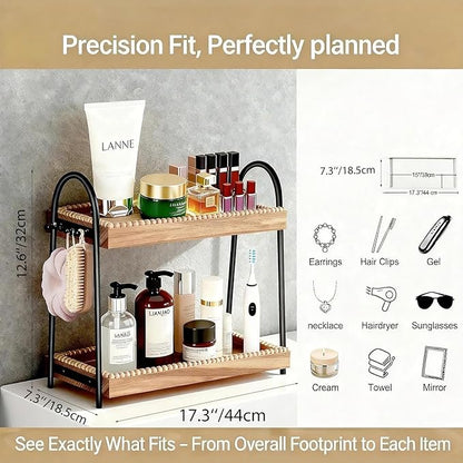 Large 2-Tier Bathroom Countertop Organizer with 8 Jewelry Hooks, 17.3" Eco-Coated Wood Vanity Tray for Perfume & Makeup, Skincare Storage Shelf for Dresser Coffee Bar Kitchen (Light Brown & Black)