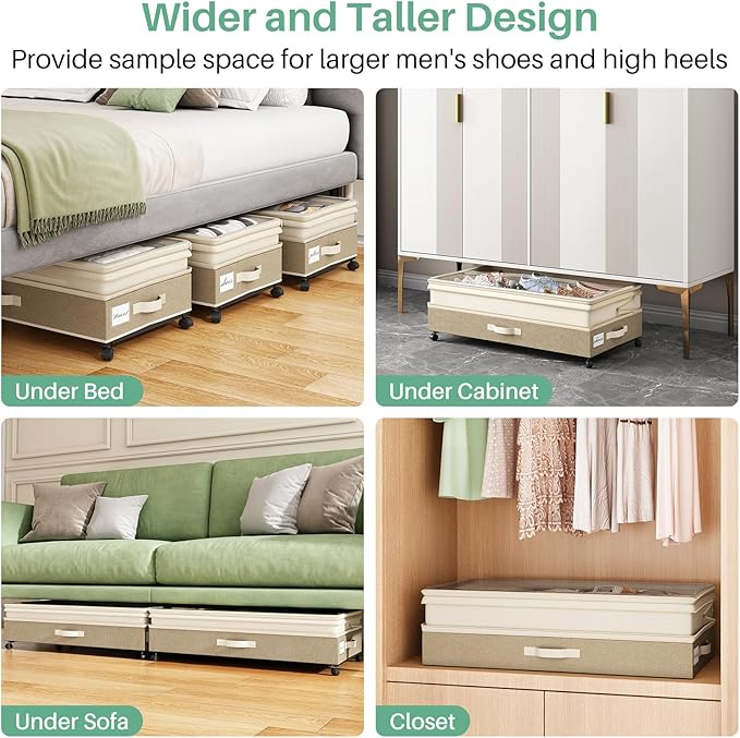 Kitstorack 4 Pack Height-adjustable Under Bed Storage with Wheels, Under Bed Storage Containers,Under Bed Shoe Storage Organizer with Clear Window&Label, Suitable for Clothes Storage, Beige & Linen