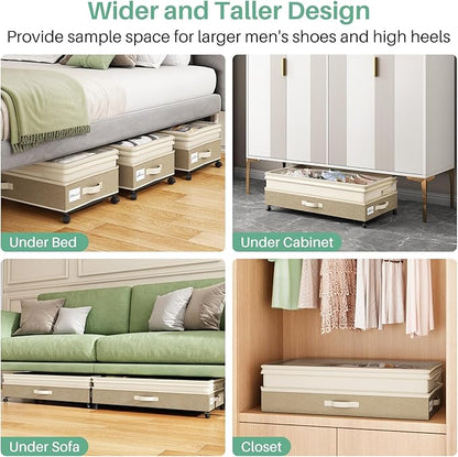 Kitstorack 4 Pack Height-adjustable Under Bed Storage with Wheels, Under Bed Storage Containers,Under Bed Shoe Storage Organizer with Clear Window&Label, Suitable for Clothes Storage, Beige & Linen