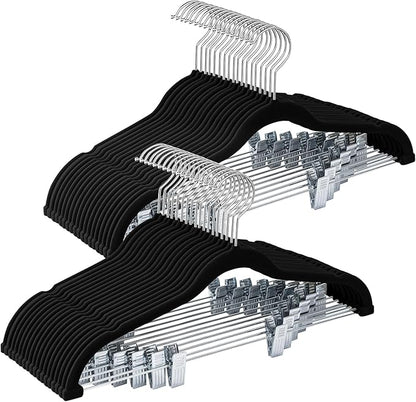 36-Pack Black Velvet Hangers with Clips Adjustable,Adult Hangers,Heavy-Duty,Felt,Non-Slip,Space Saving,Slim Outfit Hanger for Pants, Skirts, Suits,Coats, Dresses ect.