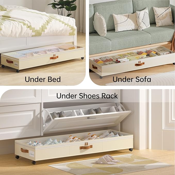 Yecaye 85 L Under Bed Storage with Wheels, 2 Pack Under Bed Storage Containers with Adjustable Dividers & Lids, Large Rolling Underbed Organizer Bins Drawers for Clothes, Shoes, Blankets Toys, Beige