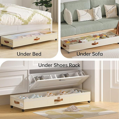 Yecaye 85 L Under Bed Storage with Wheels, 2 Pack Under Bed Storage Containers with Adjustable Dividers & Lids, Large Rolling Underbed Organizer Bins Drawers for Clothes, Shoes, Blankets Toys, Beige