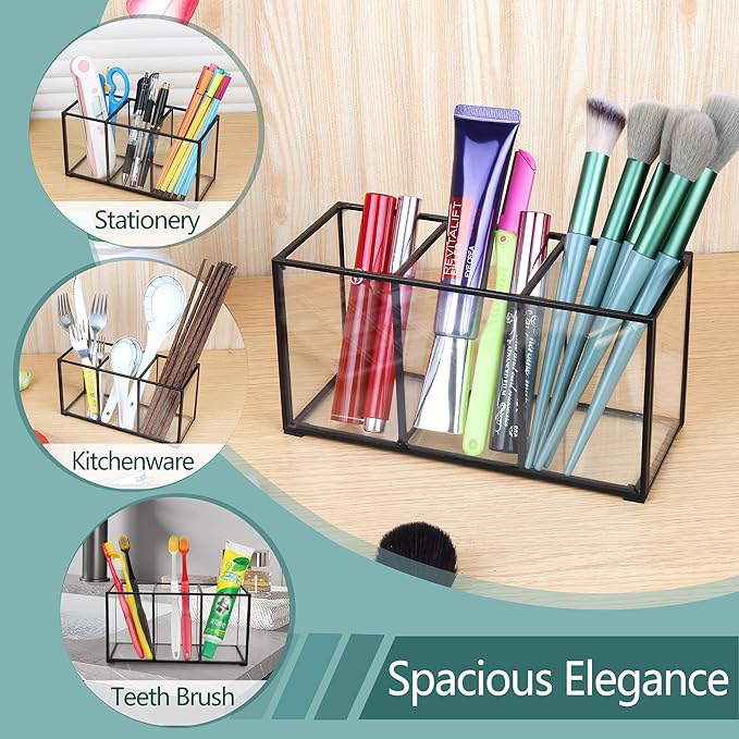 ELEGANTLIFE Clear Glass Makeup Brush Organizer,Luxurious Tempered Glass Cosmetics Brushes Storage Holder for Refined Bathroom Decor (Black, 3 Sections)