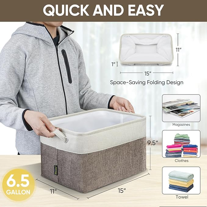 BALEINE 3 Pack Fabric Closet Storage Bins for Shelves, Linen Closet Organizers and Storage, Decorative Baskets for Organizing, Shelf, Clothes, Home, Office (Brown, 15"x11"x9.5")