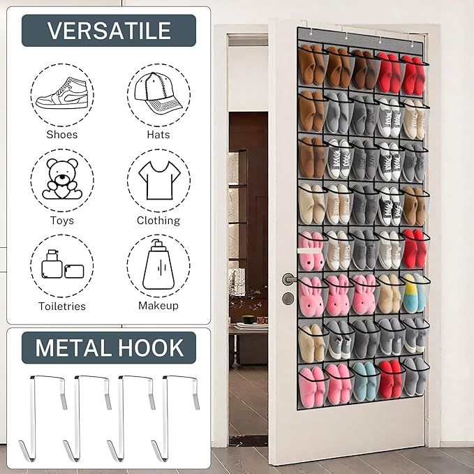 40-Pocket Over the Door Shoe Organizer - Large Mesh Pocket Hanging Shoe Organizer,Behind the Door Shoes Storage Holder Hanger,Large Capacity Design for Dorm Room College,Store 20 Pairs(Grey)