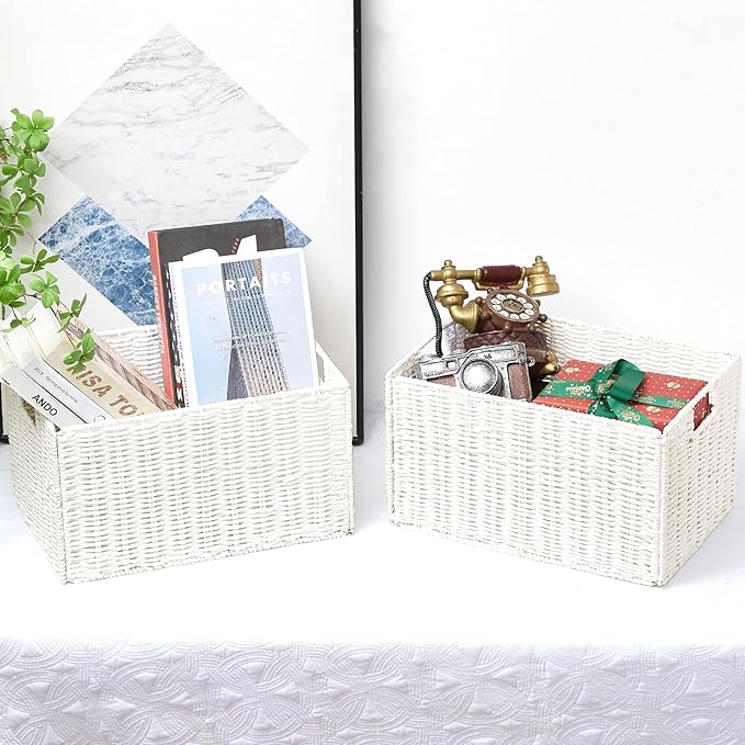 Vagusicc Wicker Storage Basket, Set of 2 Hand-Woven Paper Rope Wicker Basket, Large Storage Baskets for Organizing, Foldable Large Cube Storage Organizer Bins for Shelves (White)