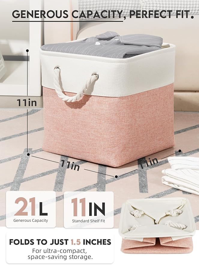 Temary 11 Inch Storage Cubes, Sturdy Fabric Bins with Metal Support & Soft Rope Handles, 6 Pack Foldable Nursery Organizer Baskets for Clothes, Home (White & Pink)