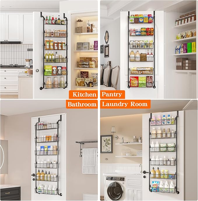 MIAOLI Over the Door Pantry Organizers and Storage, 6-Tier Spice Rack, Home & Kitchen Storage Shelves for Cabinet, Large Capacity Hanging Seasoning Organizer, Laundry Room Organization, Black