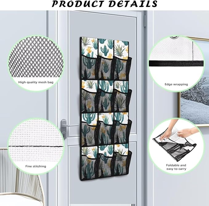 Cactus Hanging Organizer for Cruise Ship Essentials,Mesh Pocket Over the Door Shoe Organizer Space Saving Large 12 Pockets Sturdy Quick Dry Mesh Organizer Hanging with 2 Holes