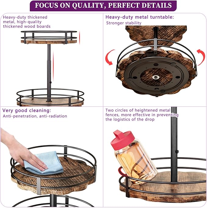 Heavy-Duty 2-Tier Lazy Susan Organizer, Adjustable to Different Heights, Countertop Spice Rack, Upgraded Thickened Wooden Board, Suitable for Seasoning Organizer, Kitchen Organization