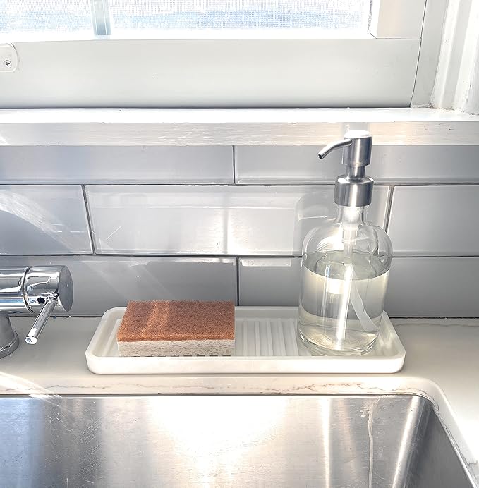 Silicone Kitchen Sink Organizer Tray, Sponge Holder and Countertop Protector | Bathroom and Kitchen Soap Dish and Dispenser Tray (White, 12"x4")
