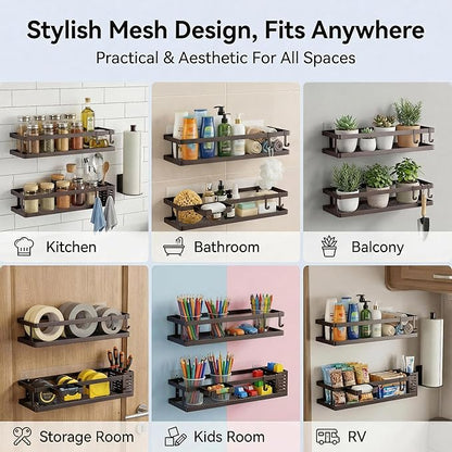 PUSDON 5-in-1 16.5" Extra Long Kitchen Organizer & Shower Caddy Set, Wall Mount Spice Rack with Paper Towel Holder, Utensil Holder & Soap Dish, Rustproof Mesh Storage Rack, Vintage Bronze, Guardrail