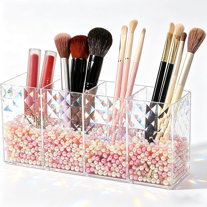 Acrylic Makeup Brush Organizer, 4 Compartment Cosmetic Brush Storage Holder, Desktop Vanity Makeup & Pen Holders