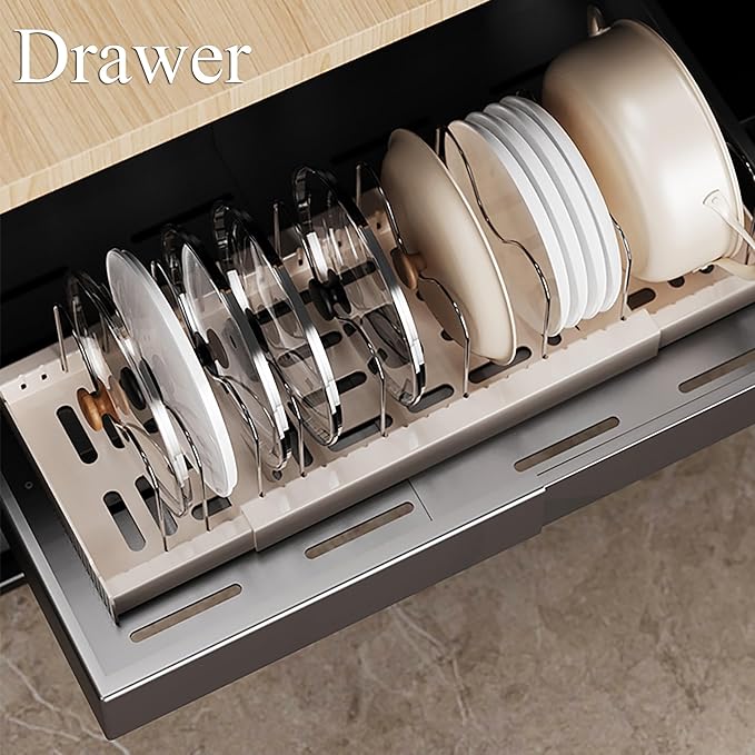 Pots and Pans Organizer Under Cabinet Expandable Pot Lid Holder with 10 Adjustable Dividers Pot Rack for Kitchen Storage Cutting Boards, Bakeware, Lid, White