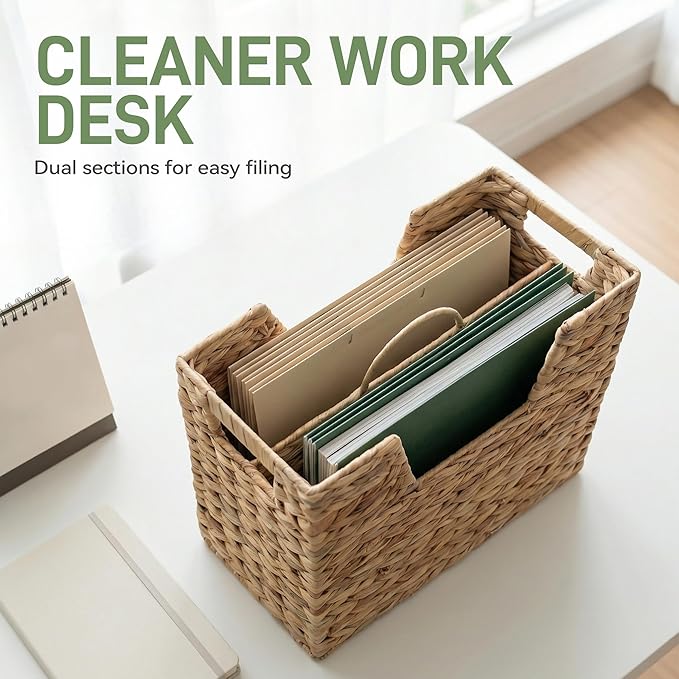 Wicker Magazine Basket with Handle, Water Hyacinth Magazine Holder with 2 Compartments, Handwoven Storage Basket for Books Files Newspapers