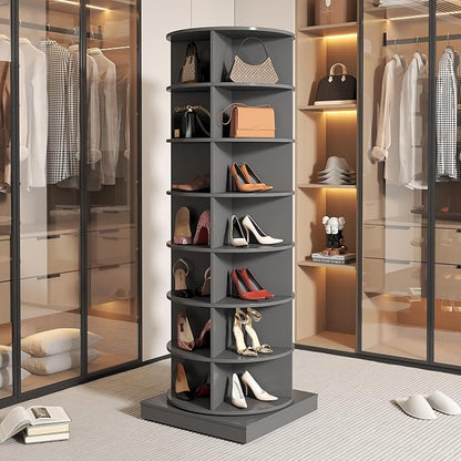 Rotating Shoe Rack Tower, 7-Tier Spinning Shoe Rack, Free Standing 360° Revolving Shoe Organizer Can Hold 28 Pairs of Shoes for Entryway Living Room Hallway (7-Tier, Gray)