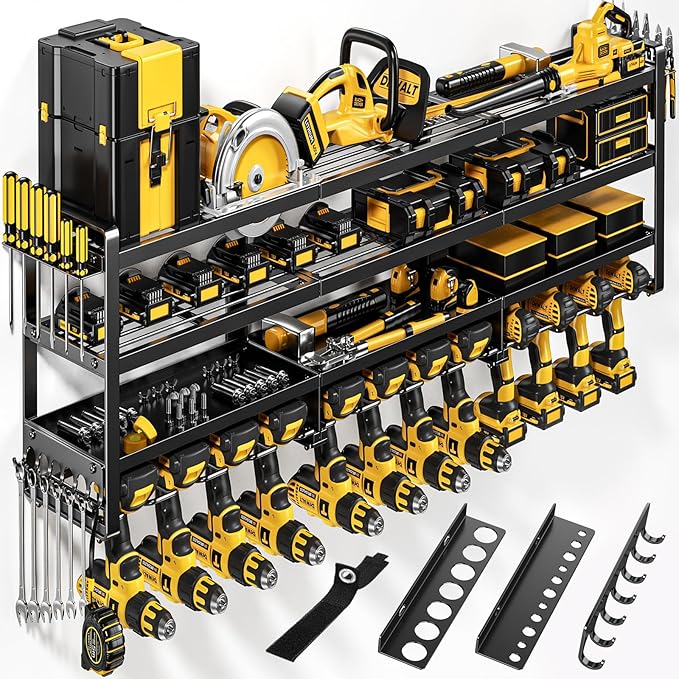 POKIPO 49" W Large Power Tool Organizer Wall Mount, 4 Layer Heavy Duty Loads 800 lbs, Tool Storage Rack Holds 12 Cordless Drills, Large Capacity Battery Holder for Garage, Gift for Men