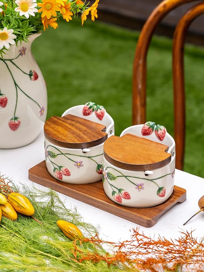 Ceramic Salt and Pepper Cellar Set with Spoons, Lids, and Tray | Decorative Strawberry Condiment Servers for Spices, Sugar, Seasonings, and More | Cottagecore Kitchen Decor, Holds 12oz. Each