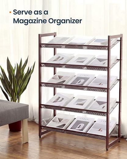 SONGMICS HOME 5-Tier Stackable Shoe Rack, Metal Shoe Organizer for Closet, Entryway, Garage, Flat or Slanted Mesh Shelves, Brown