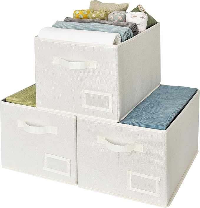 GRANNY SAYS Clothes Storage Bins with Label Holder, Closet Organizers and Storage Shelves, Storage Baskets for Organizing, Pearl White, Large, 3-Pack