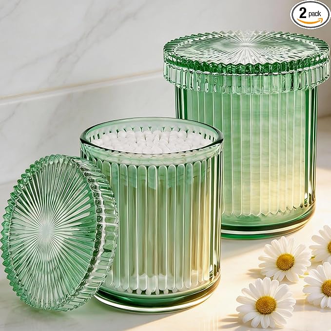 2 Pack Glass Qtip Holder Dispenser Set - Bathroom Organizer for Cotton Swabs, Balls, Pads, Floss Picks - Clear Apothecary Jars for Vanity, Makeup Storage, Bathroom Accessories Decor (Green)
