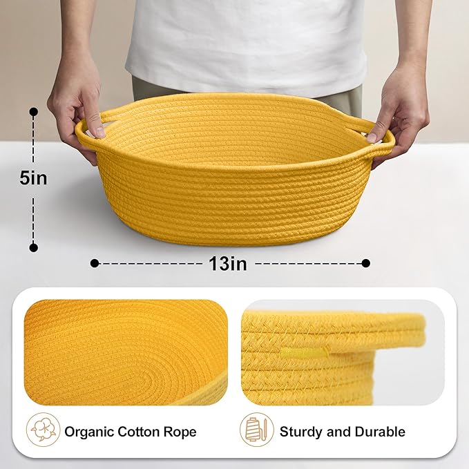 MEGASKET Yellow Woven Basket, 13" x 9" x 5" Baskets for Gifts Empty, Cute Cotton Rope Cat Dog Toy Bin Box, Small Woven Bin for Organizing, Yellow Room Decor, Nursery Cloth Diaper Storage Organizer