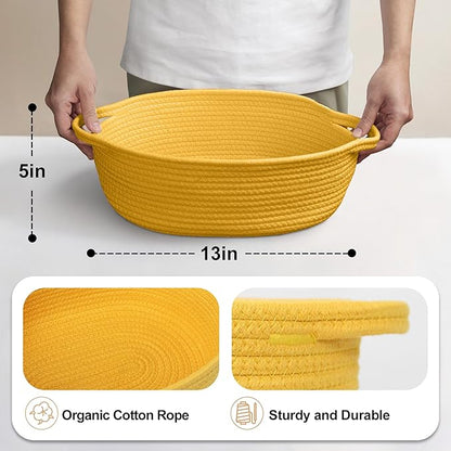 MEGASKET Yellow Woven Basket, 13" x 9" x 5" Baskets for Gifts Empty, Cute Cotton Rope Cat Dog Toy Bin Box, Small Woven Bin for Organizing, Yellow Room Decor, Nursery Cloth Diaper Storage Organizer