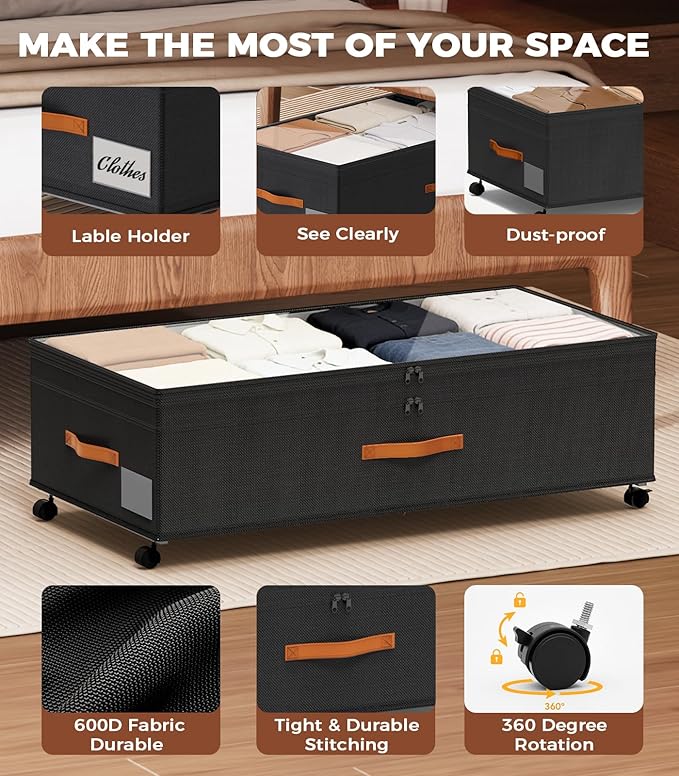 Under Bed Storage with Wheels, 35.5 inches Underbed Storage Large Capacity Under Bed Rolling Containers, 2 Pack Under the Bed Storage for Clothes, Shoes, Blankets (Deep Black)