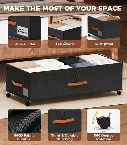 Under Bed Storage with Wheels, 35.5 inches Underbed Storage Large Capacity Under Bed Rolling Containers, 2 Pack Under the Bed Storage for Clothes, Shoes, Blankets (Deep Black)