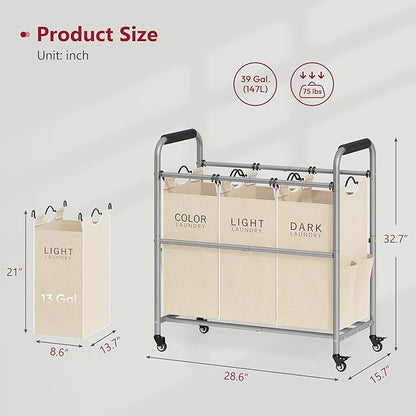 Tajsoon 3 Bag Laundry Sorter Cart, Laundry Hamper Sorter Basket with Heavy Duty Lockable Rolling Wheels for Clothes Storage, Beige