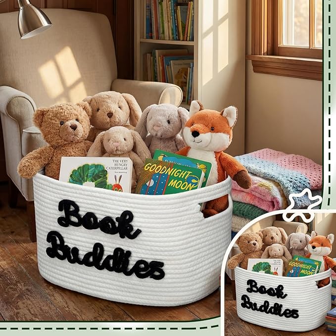 Threehoney Book Buddies Basket Preschool Book Toy Storage Basket with Handle Woven Cotton Rope Organizer for Back to School Kindergarten Preschool Classroom Graduation 15 x 10 x 9 Inches(Black)